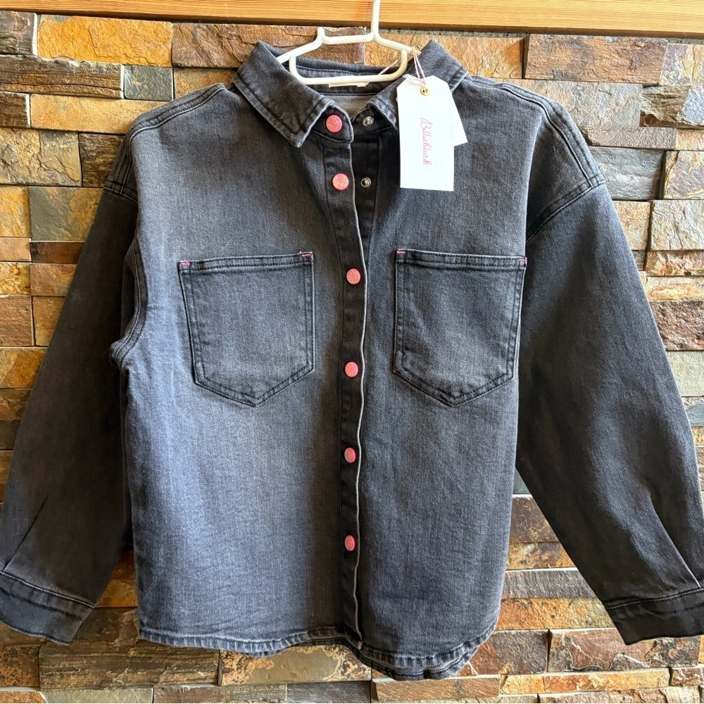 Kids Billiblush Denim Button-Up Shirt/Light Jacket Pink Buttons Bedazzle on Back - Picture 2 of 10